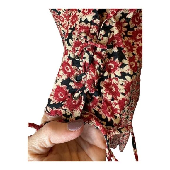 Free People Dress Women XS Red Black Floral Print Corset Lace‎ Up Mini Boho - Picture 8 of 13